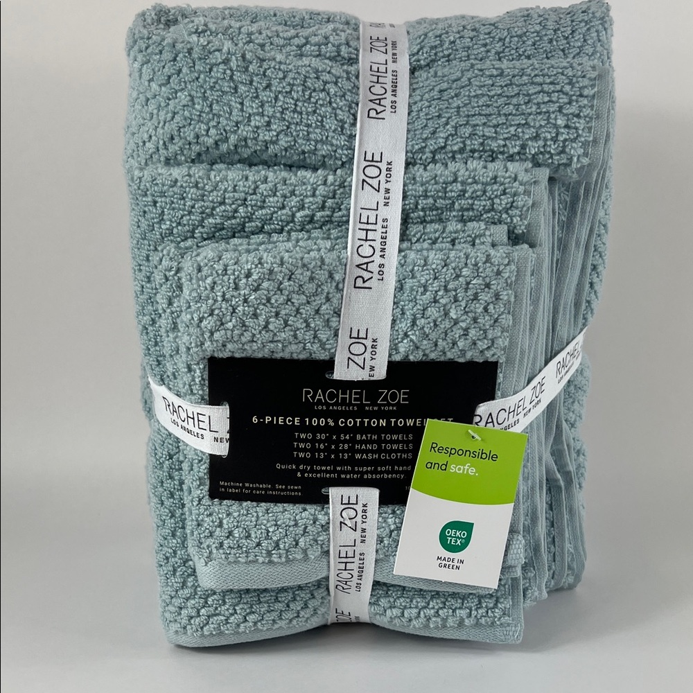 Rachel Zoe Light Blue 6-Piece Cotton Towel Set Bath Hand Wash NEW